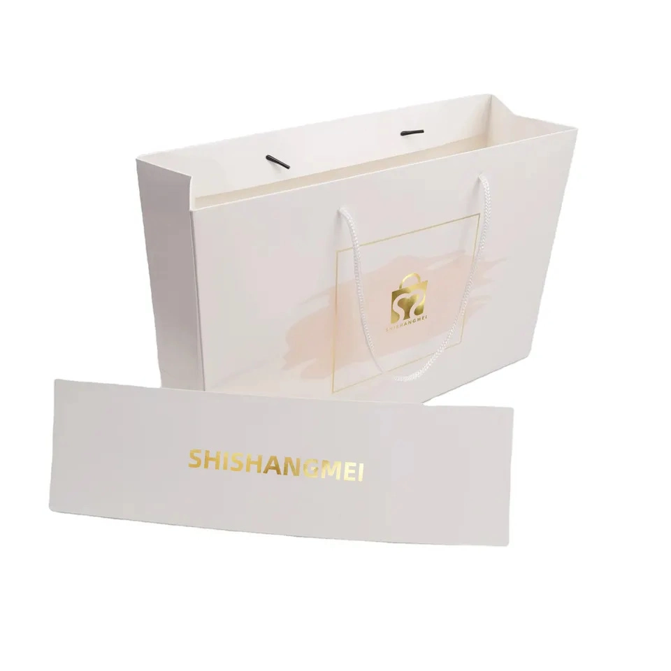 Customize Logo Printed White Boutique Shopping Clothes Paper Bag with Ribbon Handle