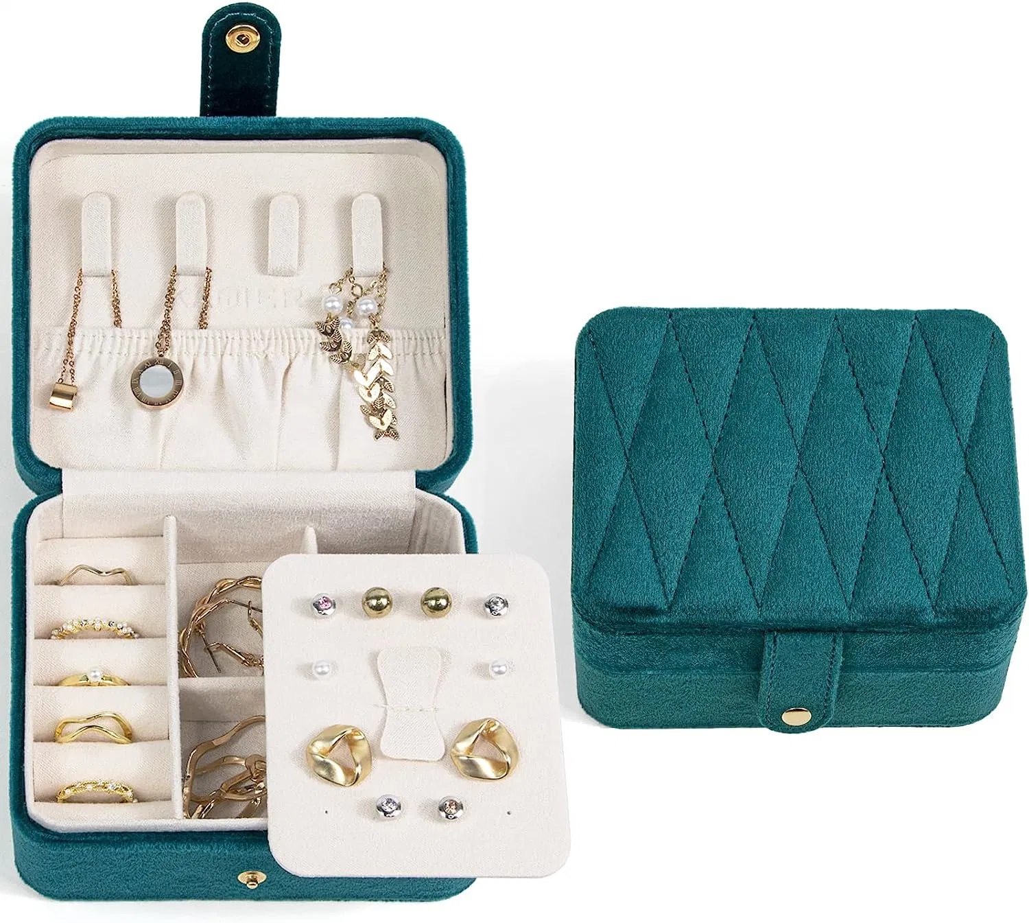 Caja de Joyas de viaje, Diamante Quilted Plush Velvet Joyería portátiles Cajas