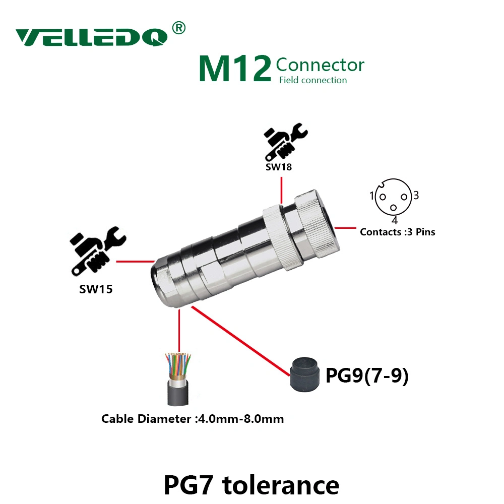 Conector M12 3 pin hembra recto con el Escudo