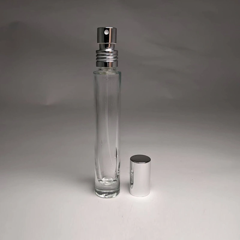 Customization Perfume Glass Bottle 10ml Tall Cylinder Fragrance Empty Glass Packaging with Liquid Sprayer Silver Aluminum Material