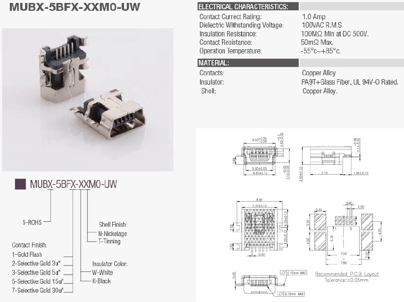 Mini USB B Type Female SMT Recceptacle Conn