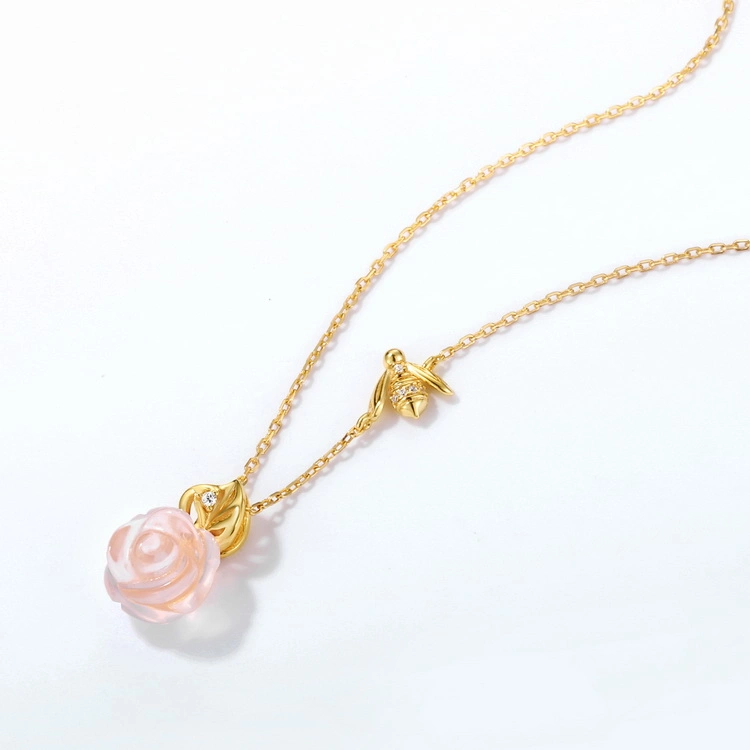 New Arrival S925 Silver Bee Flower Necklace Valentine's Day Gift Natural Pink Crystal Pendant Necklace