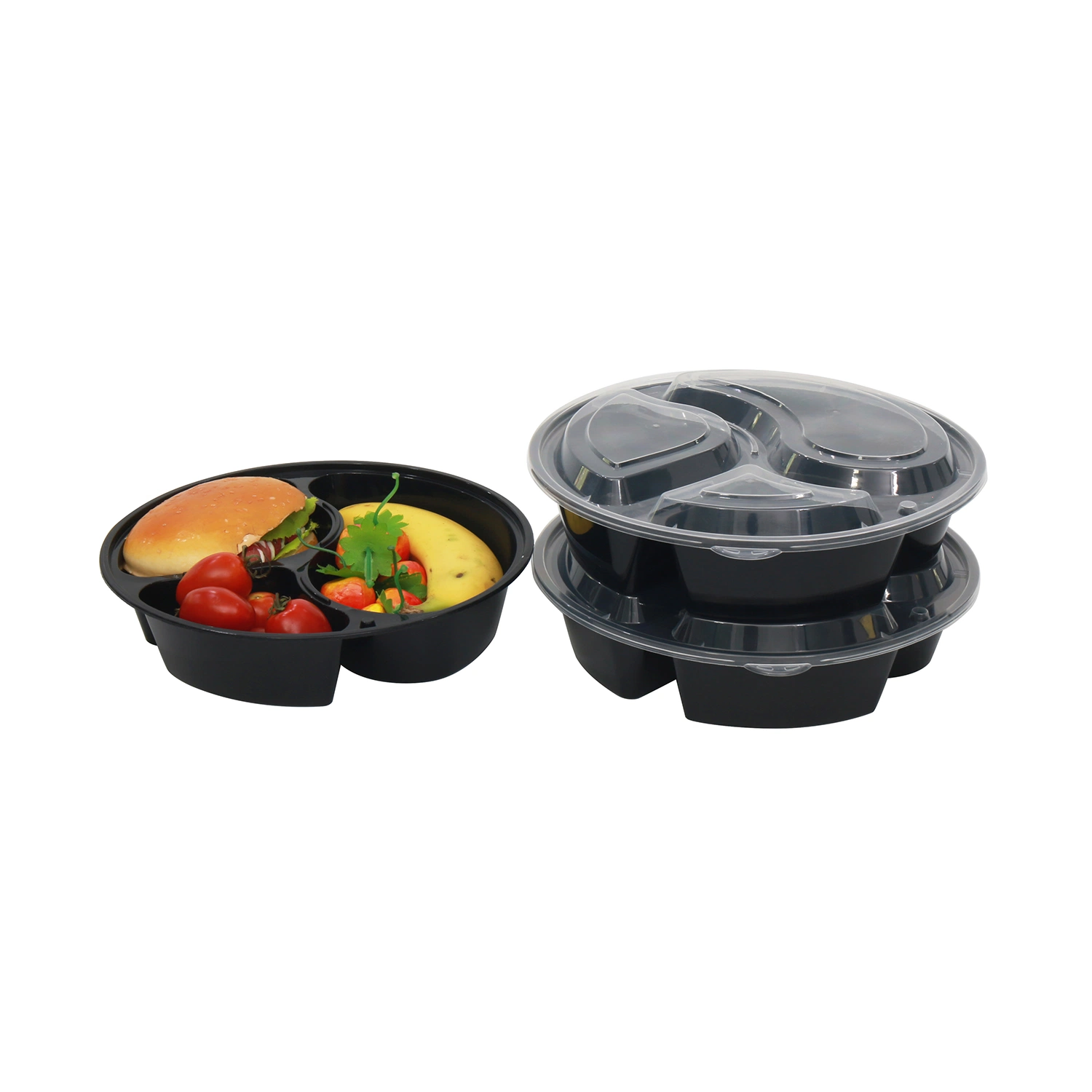 Disposable Food Container Sushi Fruit Vegetables Eco-Friendly Microwave Round 3compartments Airtight PP Crisper Takeaway Plastic Lunch Box