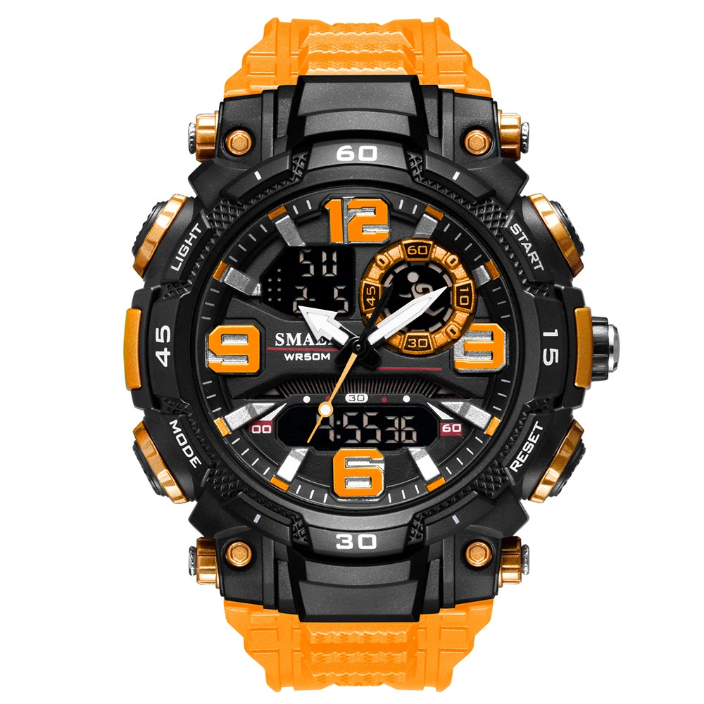 Montre électronique à double affichage en or pour les jeunes hommes, étanche, montre de sport lumineuse avec alarme en gros.