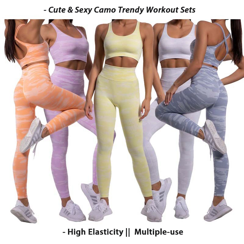 Factory Supply High quality/High cost performance  Colorful Sports Lounge Wear for Women, Sexy Orange Camo Gym Bra and Yoga Pants Matching Seamless Workout Sets Running Outfits