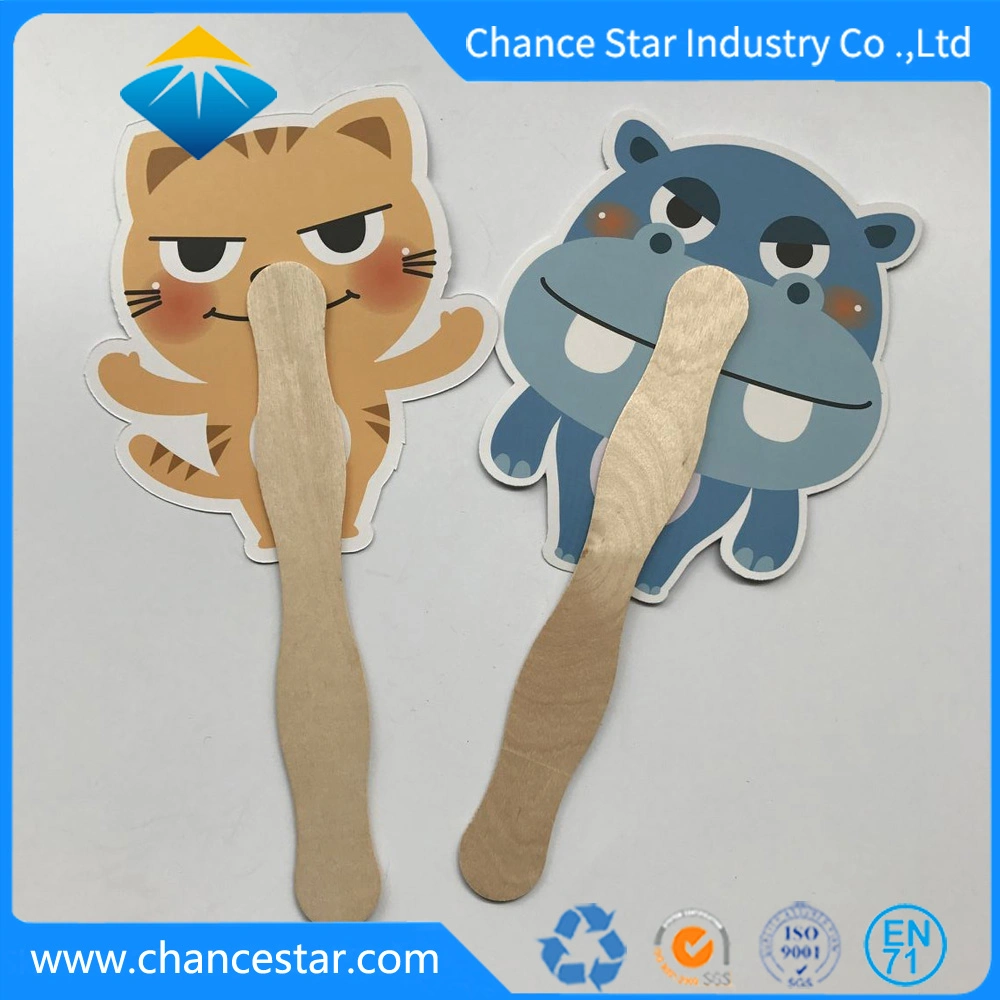 Custom Print Wooden Handle Paper Hand Fan for Promotion