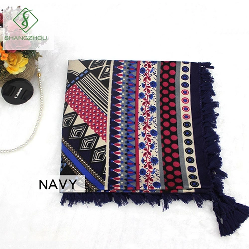 Lady Fashion Square Scarf Printed with Tassels Twill Cotton Shawl