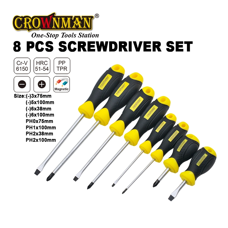 Crownman Fastening Tools Cr-V 8PCS Magnetic TPR Handle Slotted/Phillips Screwdriver Set