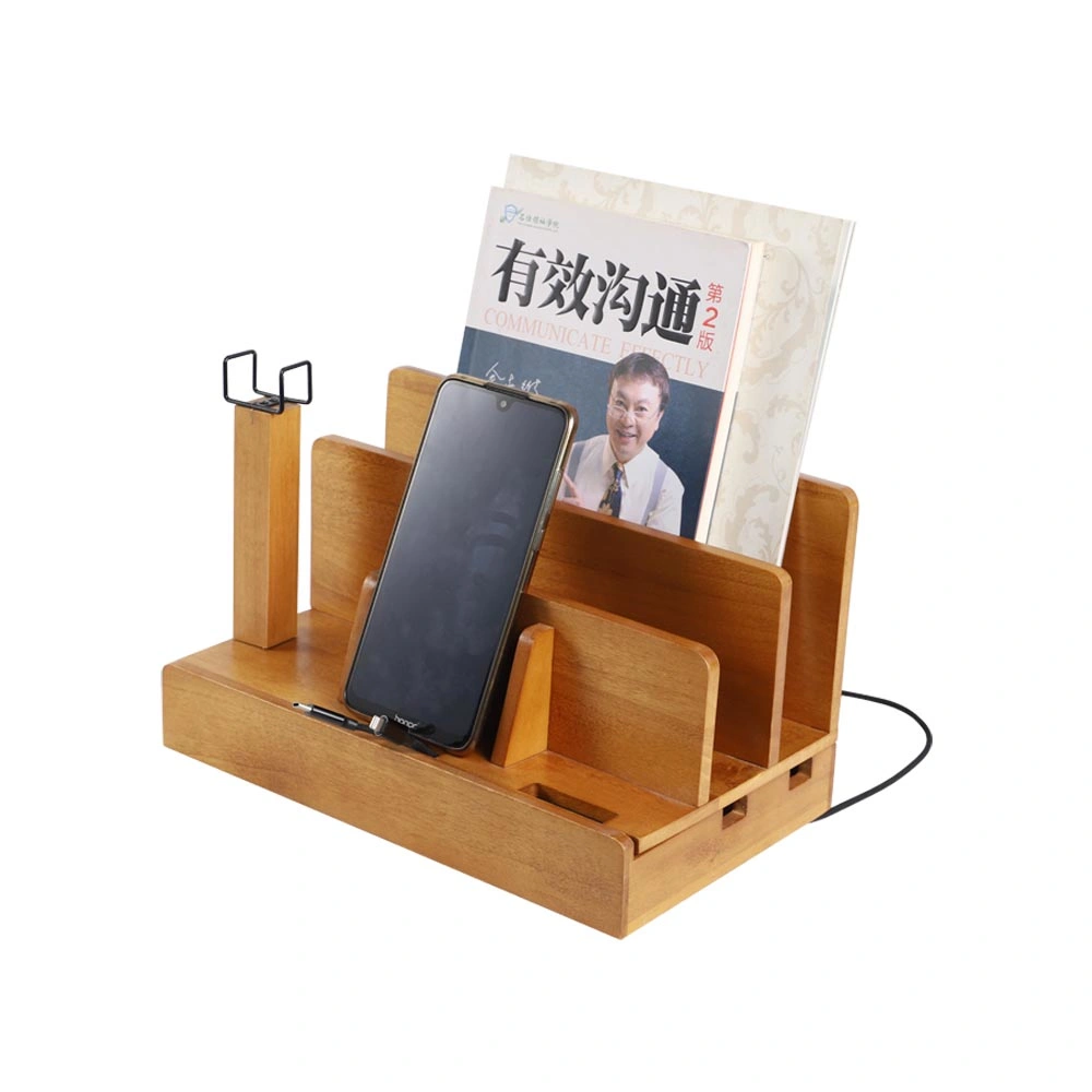 Office Wood Desk Organizer Book Holder with Charging Station Stationery Organizer