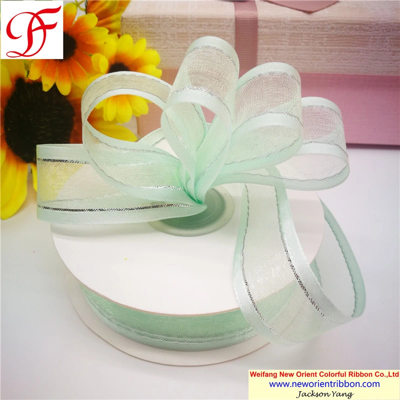 100% Nylon Satin Edge Organza Ribbon with Metallic Trims for Wrapping/Decoration/Xmas/Bows/Garment/Gift Decoration From Factory Directly