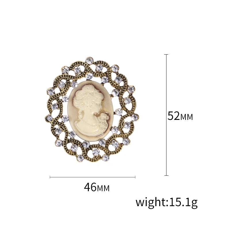 Retro Lady Portrait Brooch Alloy Rhinestone Collar Pin Corsage