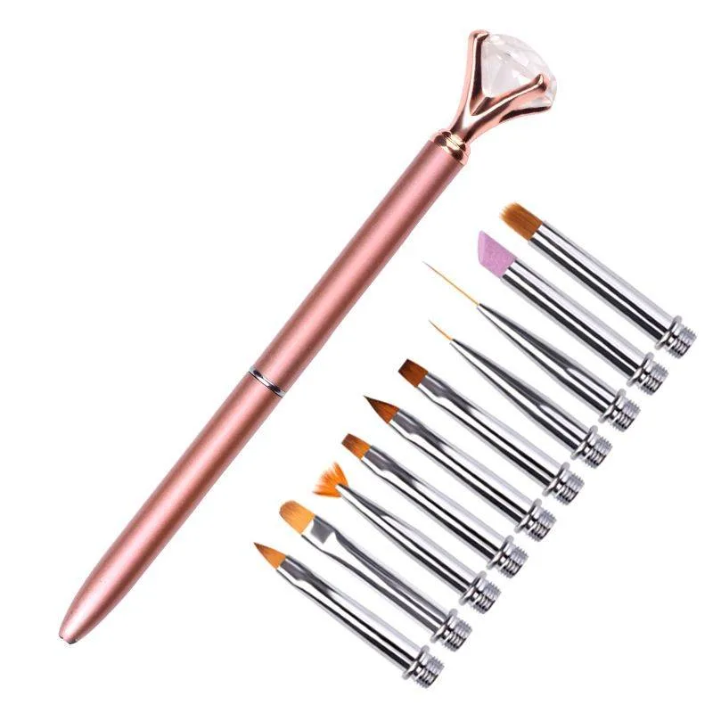 Gold and Silver Rose Crystal Nail Brush Set Replacement Head 1 Handle + 10 Nail Brush Head Painting Nail Brush Set