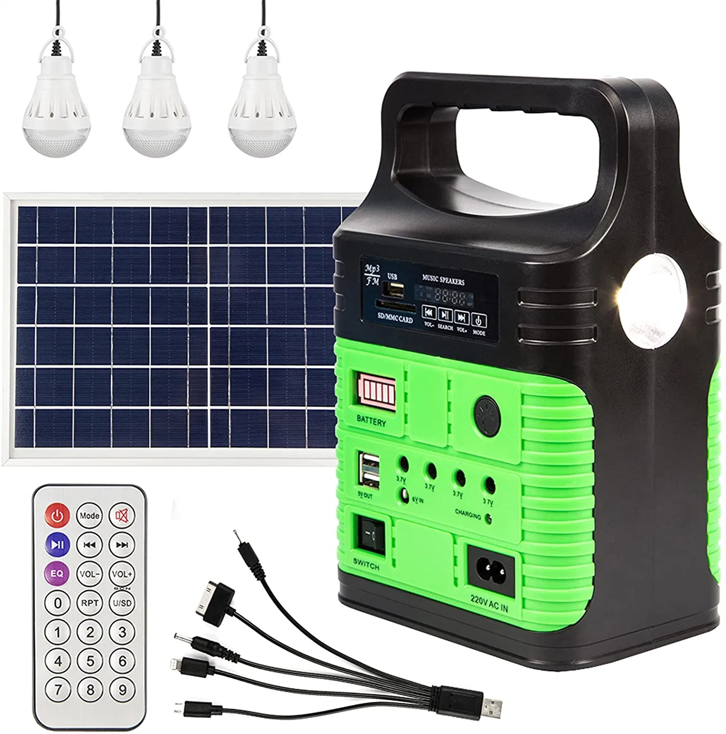 Leitor de colunas LED de MP3 portátil com rádio FM Bluetooth Kit de lâmpada LED para interior Solar Home