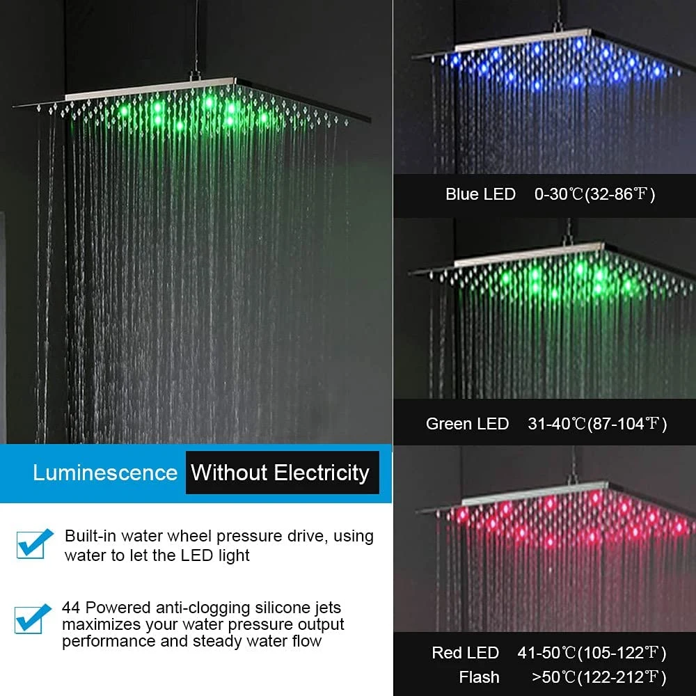 Sistema de cabezal de ducha en el techo de 12 pulgadas cuadradas de LED - cabezal de ducha de lluvia con spray de mano y el Cuerpo Conjunto combinado de múltiples chorros de agua de lluvia - Válvula termostática