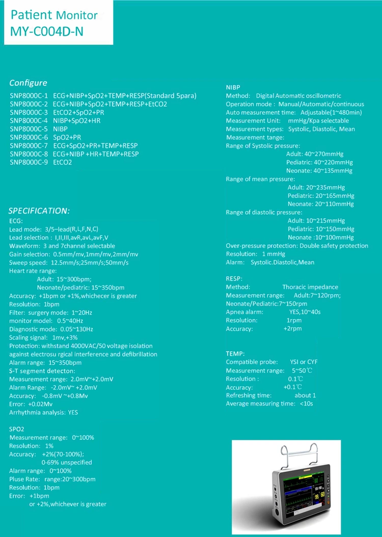 EKG, NIBP, SpO2, Resp, Temp, Medizinischer Intensivmonitor für HF, preiswerter Multiparameter-Patientenmonitor