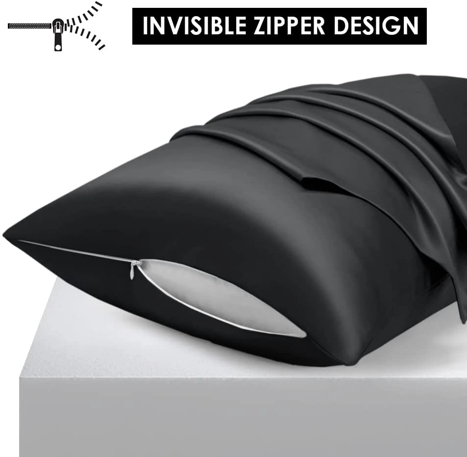 Taie d'oreiller Hidden Zipper, noir satiné, pour très grand lit, 20 x 36