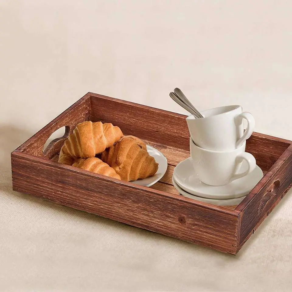Masía rústica de madera/Madera/bandejas de servir con asas para café/té/comida