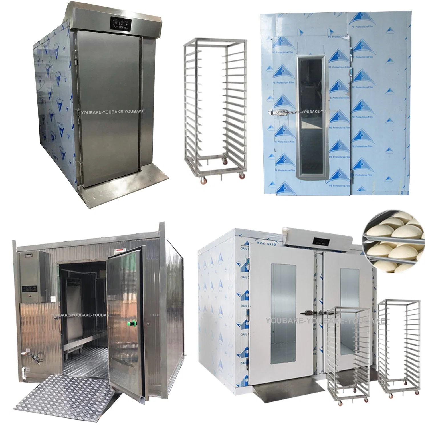 Professional Commercial Bakery Equipment 32/64/128/256 Trays Dough Bread Bun Retarder Proofer Fermentation Cabinet Room with Roll in Cart Trolley