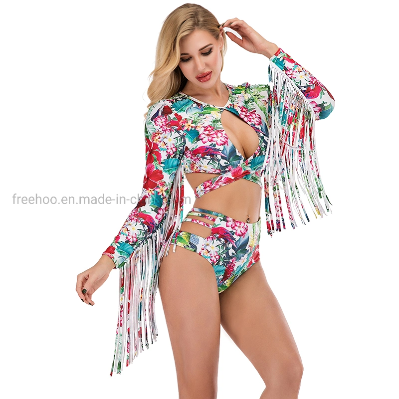 2021 Custom Mature Mesh Floral Print with Long Sleeves in Tassels Sexy Swimwear High Waist Bikini