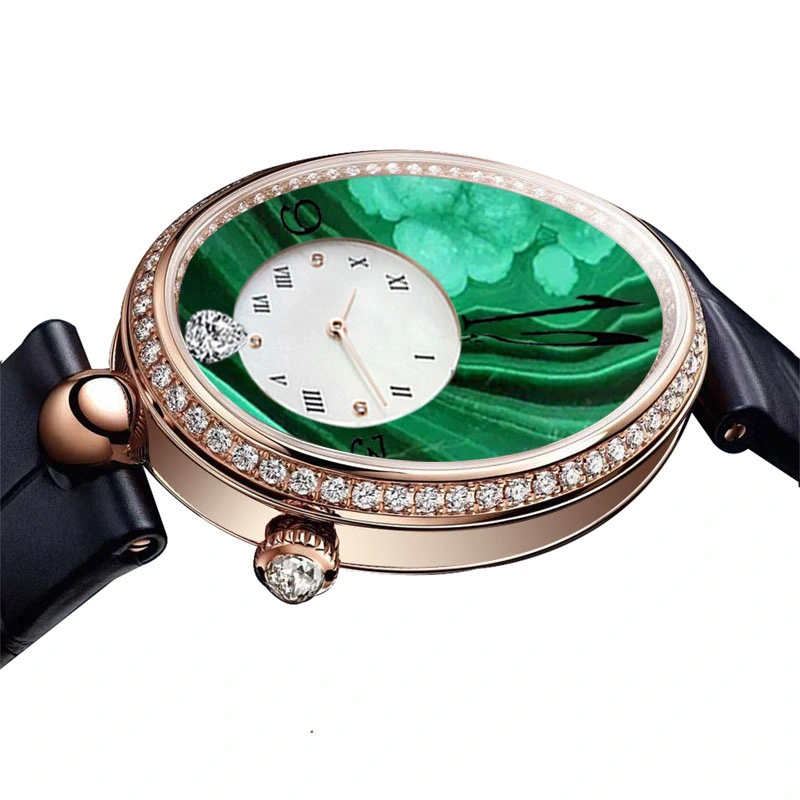 Queen of Naples Series femmes′ S Watch ovale en losange incrusté Real Montre en acier fin en quartz vert malachite (CFWT-014)