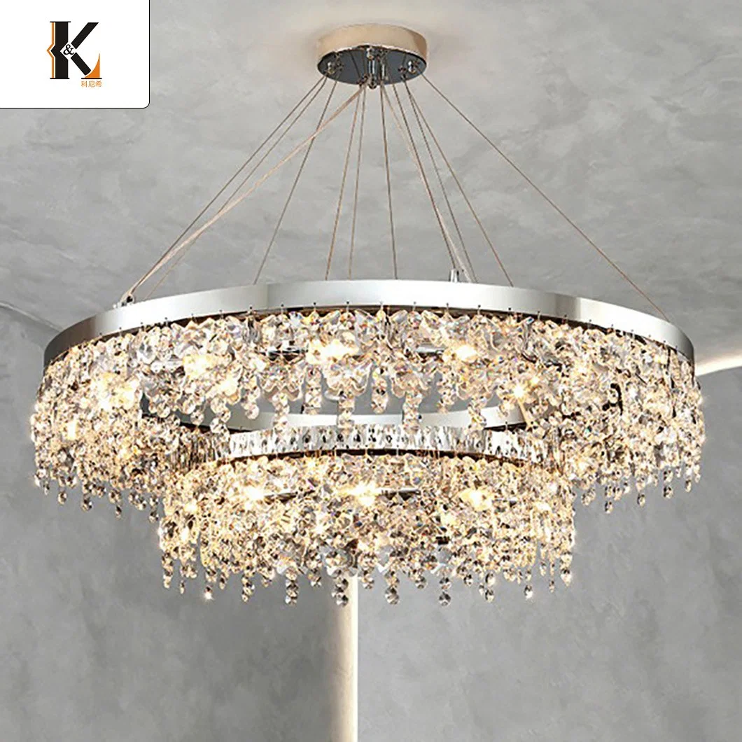 Crystal Pendant Light Stainless Steel China Double Color Luxury Modern Large Suspension Crystal Chandelier for Villa Project