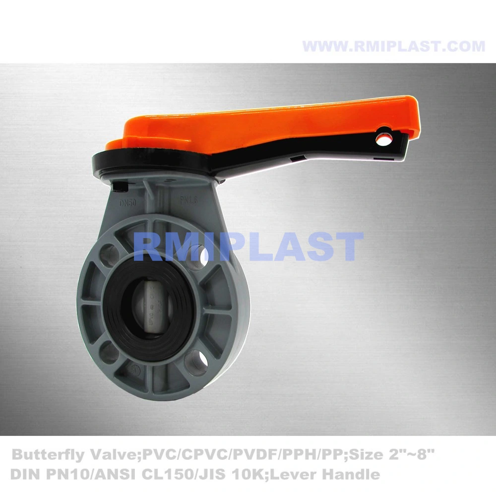 Plastic UPVC Butterfly Valve PVC by Wafer Type Flange Standard Universal ANSI #150 JIS10K DIN Pn10 1" 1-1/4" 1-1/2" 2" 2-1/2" 3" 4" 5" 6" 8" Lever Handle