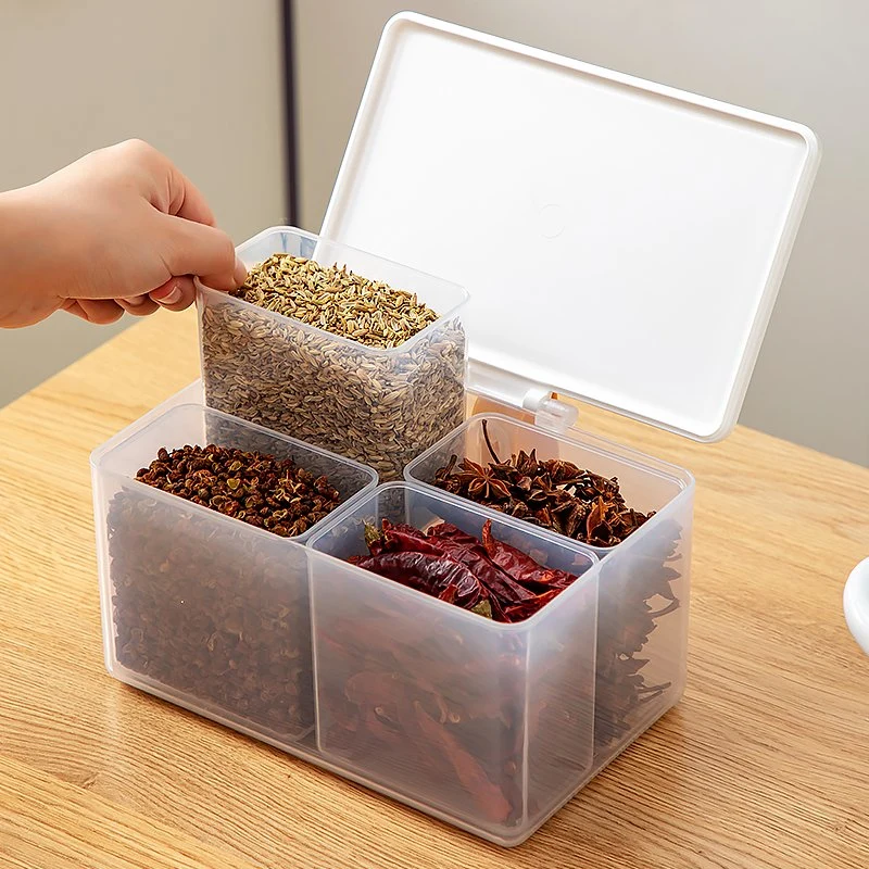 Plastic Seasoning Storage Container 4 Compartmented Kitchen Storage Box with Spoon