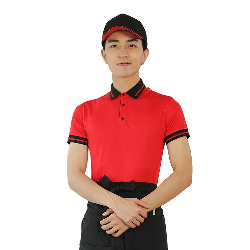 The Latest Chinese Lively Big Red Passionate Slim Short-Sleeved Shirt Restaurant Catering Uniform Set Chef Clothing Workwear