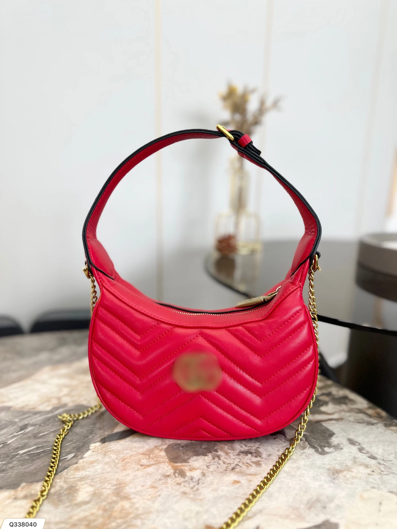 Bright Red Leather Shoulder Bag with Golden Metal Button New Moon Shape Underarm Bag for Women