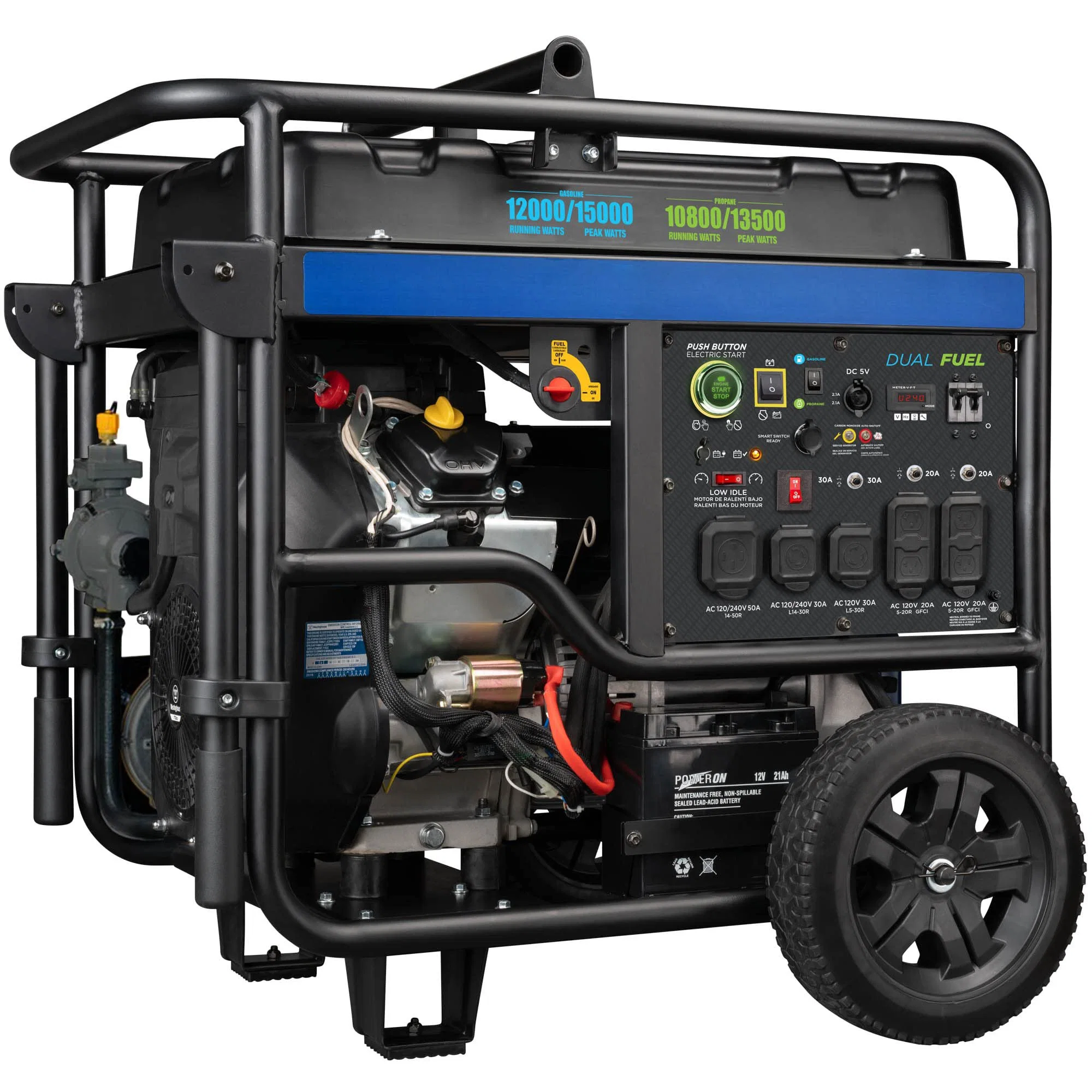 4 Stroke 12500 Watt Dual Fuel Home Backup Portable Generator Remote Electric Start Transfer Switch Ready Gas and Propane Powered