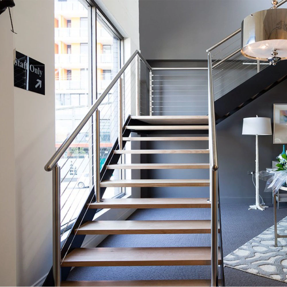 Cable Railing Steel Stringer Wood and Glass Staircase