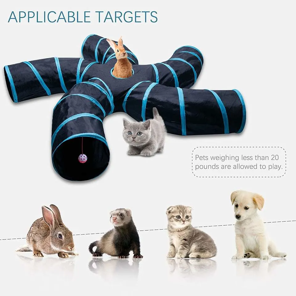 Pissenlit S-Shape 5 voies tunnel de chat pliable Interactive Peek Hole PET tube Toys avec ballon de jeu pour chats, chiots, lapins