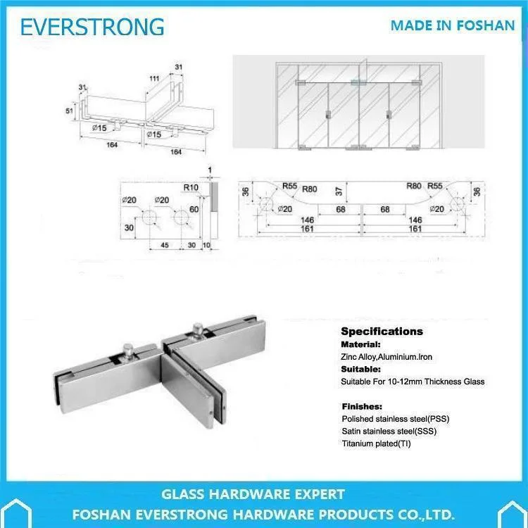 Stainless Steel and Aluminum Alloy Office Tempered Glass Door Patch Fittings for 3 Panel