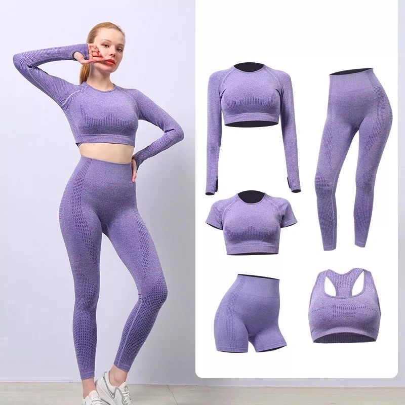 5 PCS Womens Gym Fitness Athletic Workout Yoga Wear for Ladies, Afforable Activewear Seamless Sports Bra + Crop Top + Shorts + Leggings Plus Size Sweatsuits Set