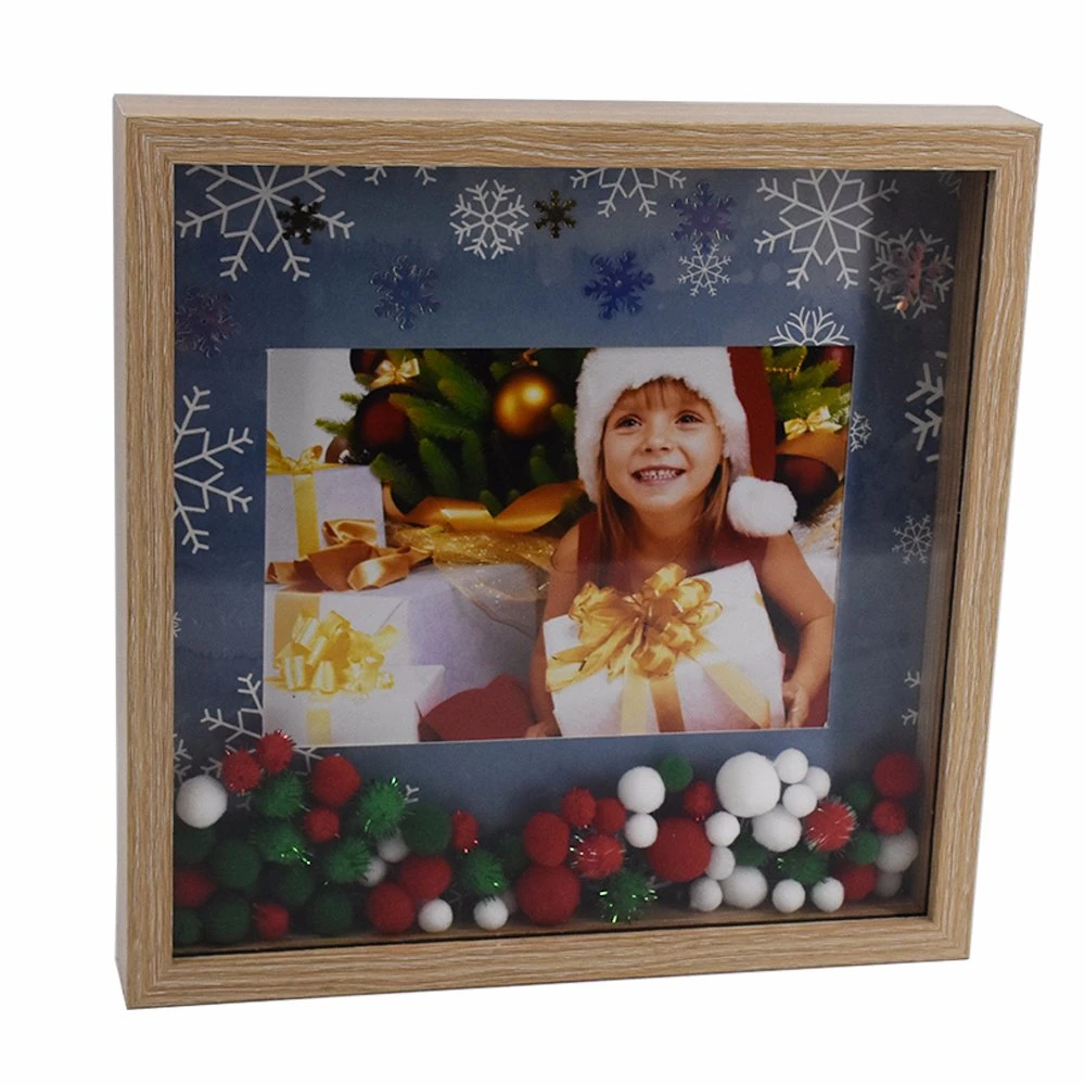 Wooden MDF Paper Wrapped Glitter Christmas Pampon Photo Frame