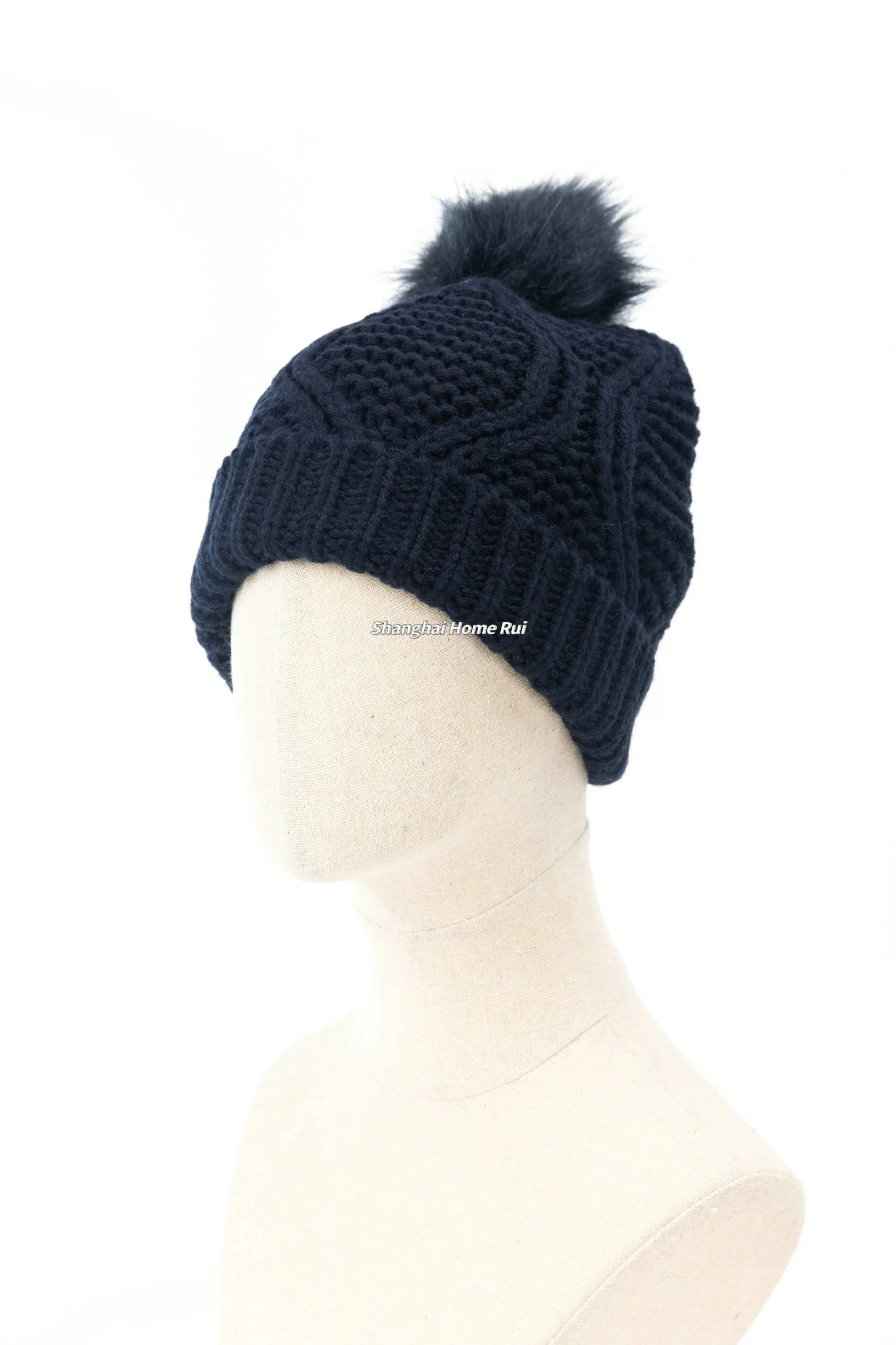 Women Warm Soft Thick Slouchy Chunky Acrylic Fold Edge Black Navy Fur Pompom Knitted Cable Bonnet Casual Beanie Hat