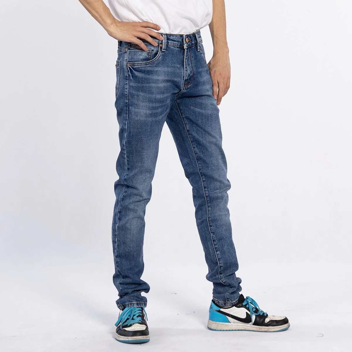 Custom American Style Medium Blue Washed Denim Stretch Men Casual Jeans