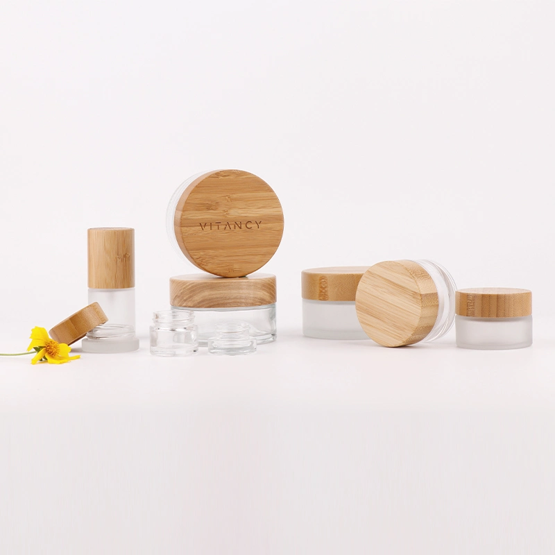 Cosmetic Skin Care Packaging Glass Bottles and Glass Cans with Bamboo Series