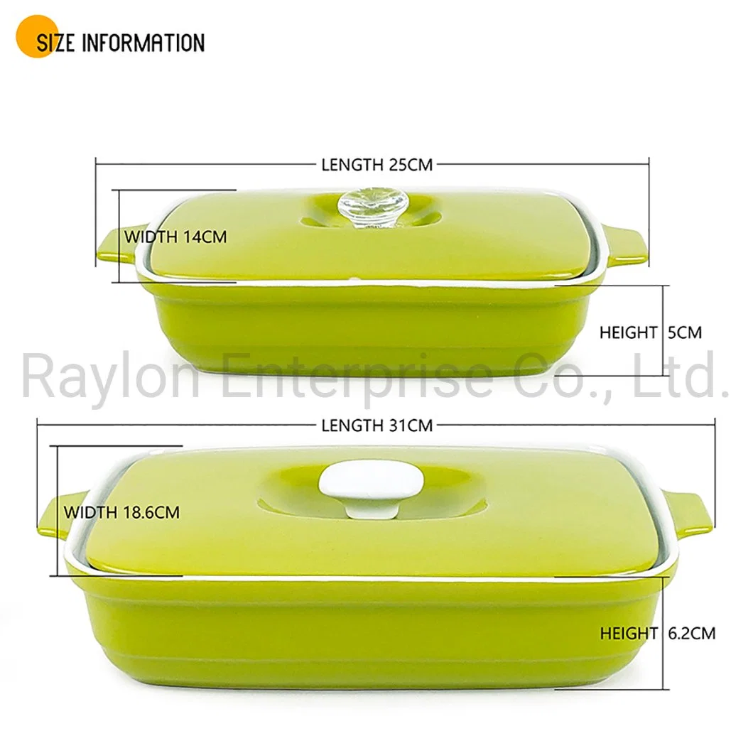 New Design Classic Glossy Finish Solid Color Green Ceramic Bakeware Set with Lid