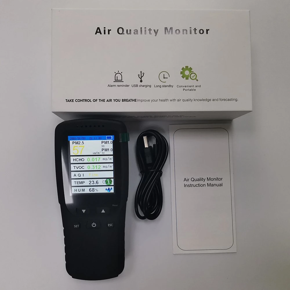 9 in One Factory Directly Supply Pm2.5 Formaldehyde Air Humidity Rechargeable Li-Battery 2000mAh Quality Monitor