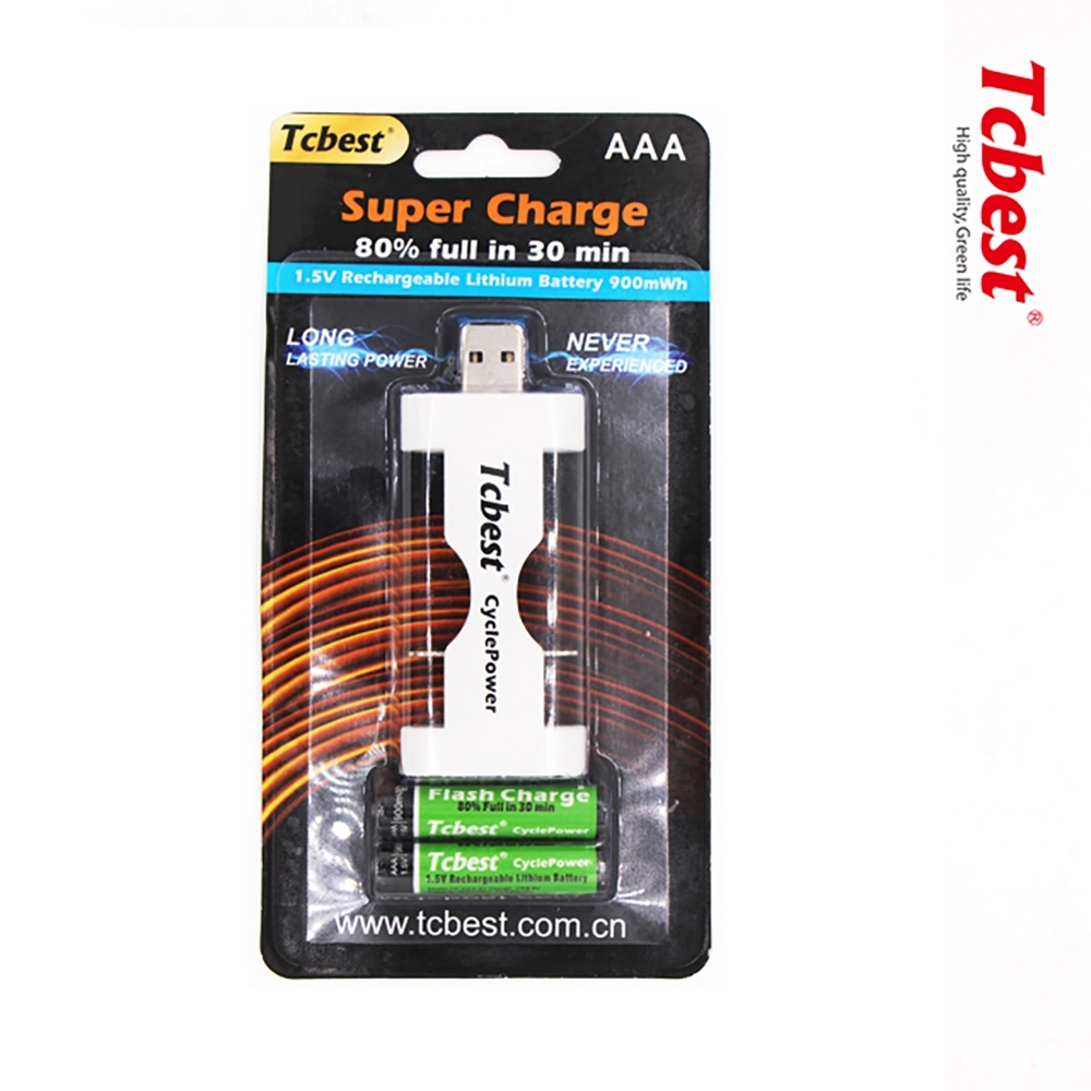 1.5V Lithium AAA Super Charge 900mwh USB Rechargeable Battery +Charger with Fast Charging Time 80% Full in 30 Min