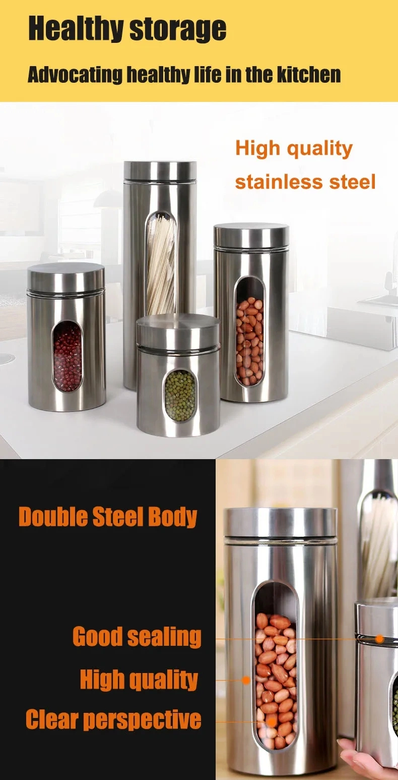 Stainless Steel Food Container with Transparent Window for Whole Grains, Candies, Dry Goods, Seasonings, Noodles, Nuts