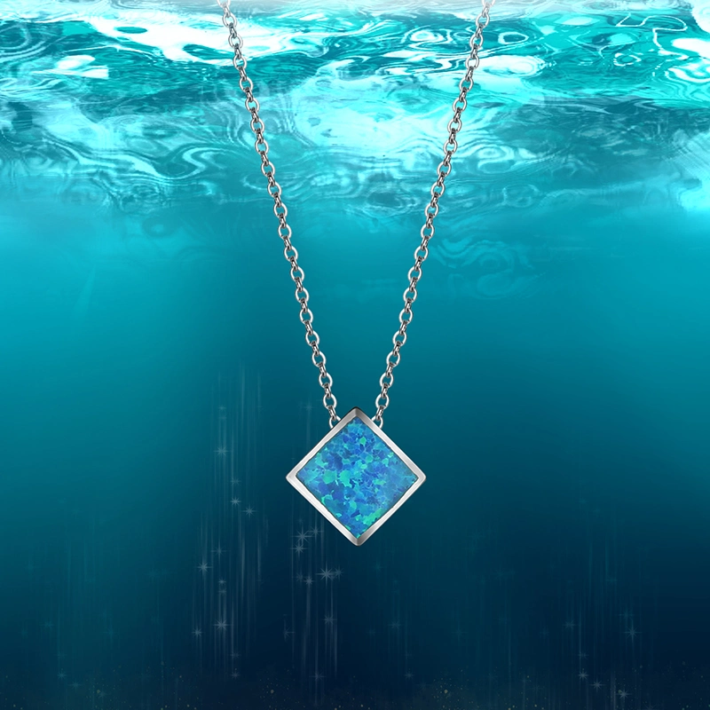 Costume Jewelry Simple Casual Blue Opal Square Pendant Necklace 925 Sterling Silver Jewelry Wholesale