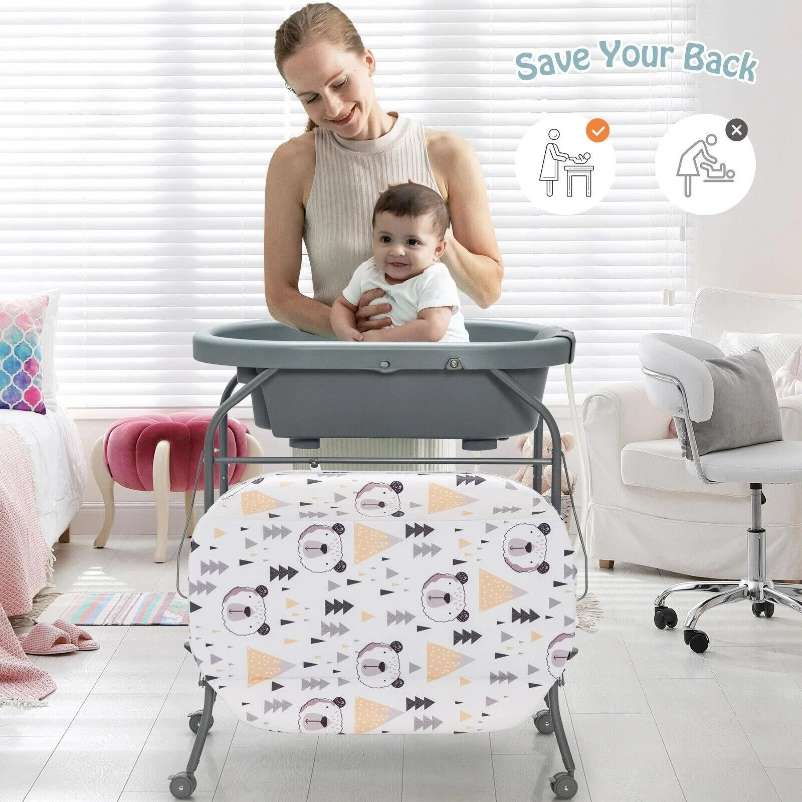 New-Style Practical Bathtub 4 Universal Wheels Brakes Grey Baby Changing Table