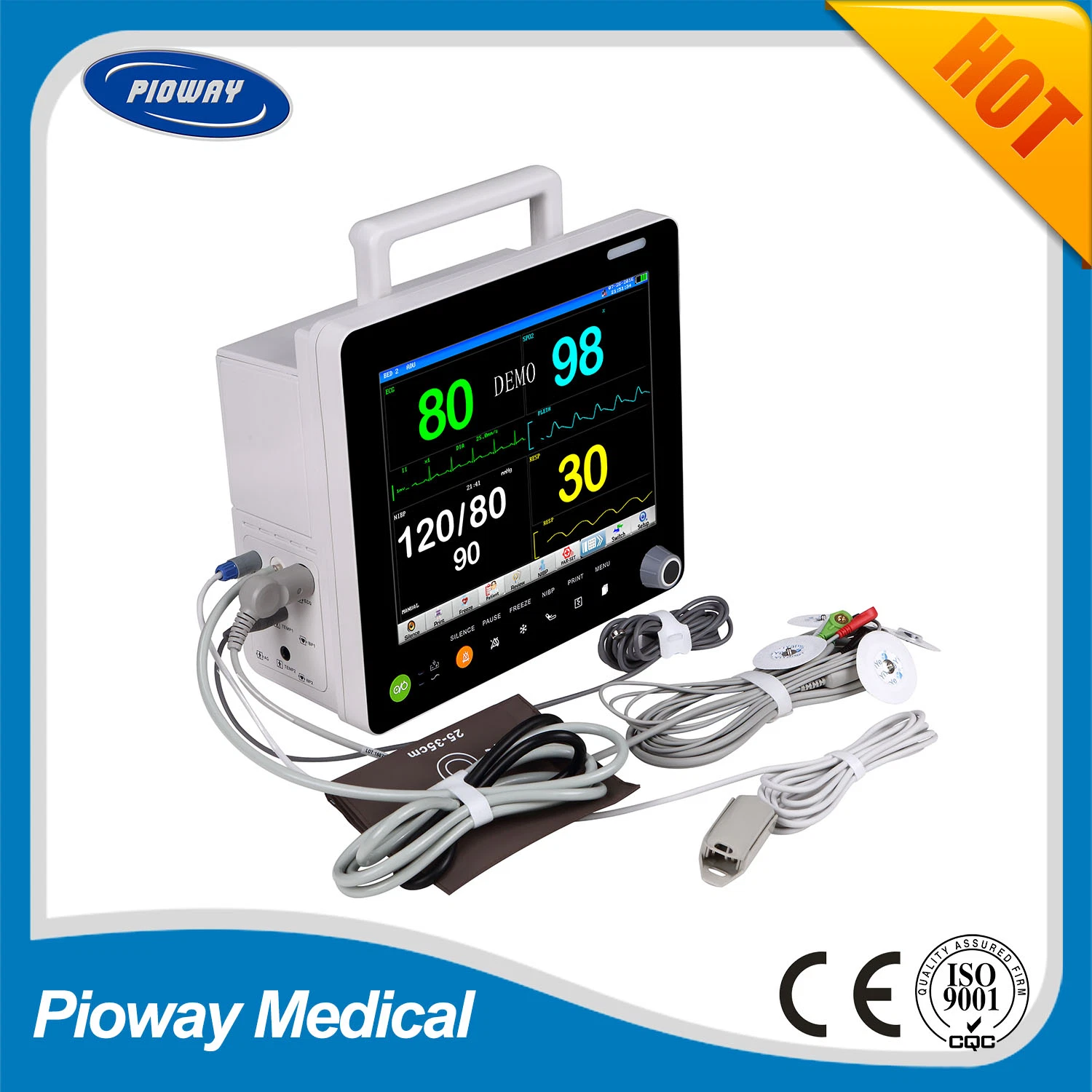 Portable Multi-Parameter Bedside ICU Patient Monitor, Vital Signs, Cardiac Monitor (PW-407)