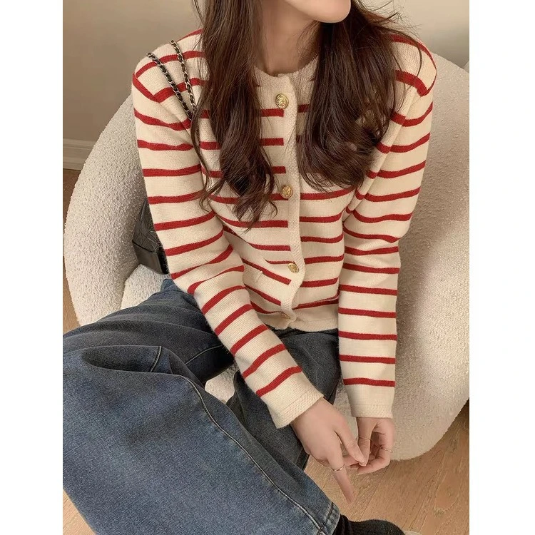 Nnr Stripe Button Knit Cropped Long Sleeve Tops Cardigan Women Sweater