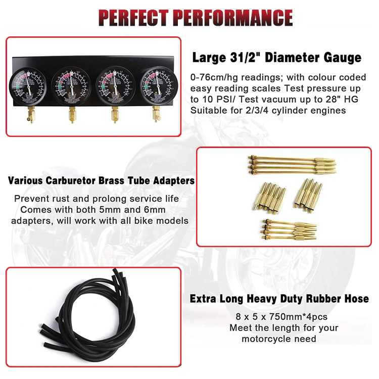 4 Gauge Motorcycle/Vehicle Fuel Vacuum Carburetor Synchronizer Diagnostic Adjustment Tools