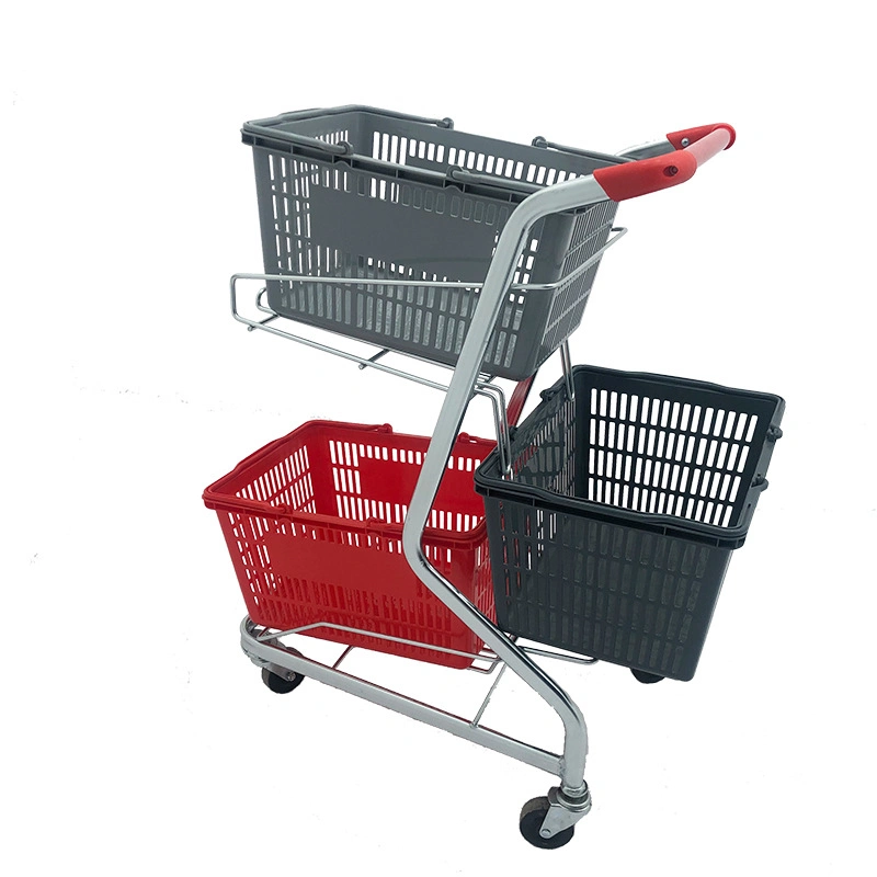 Plastic and Steel Supermarket Shopping Cart Combined with Baskets