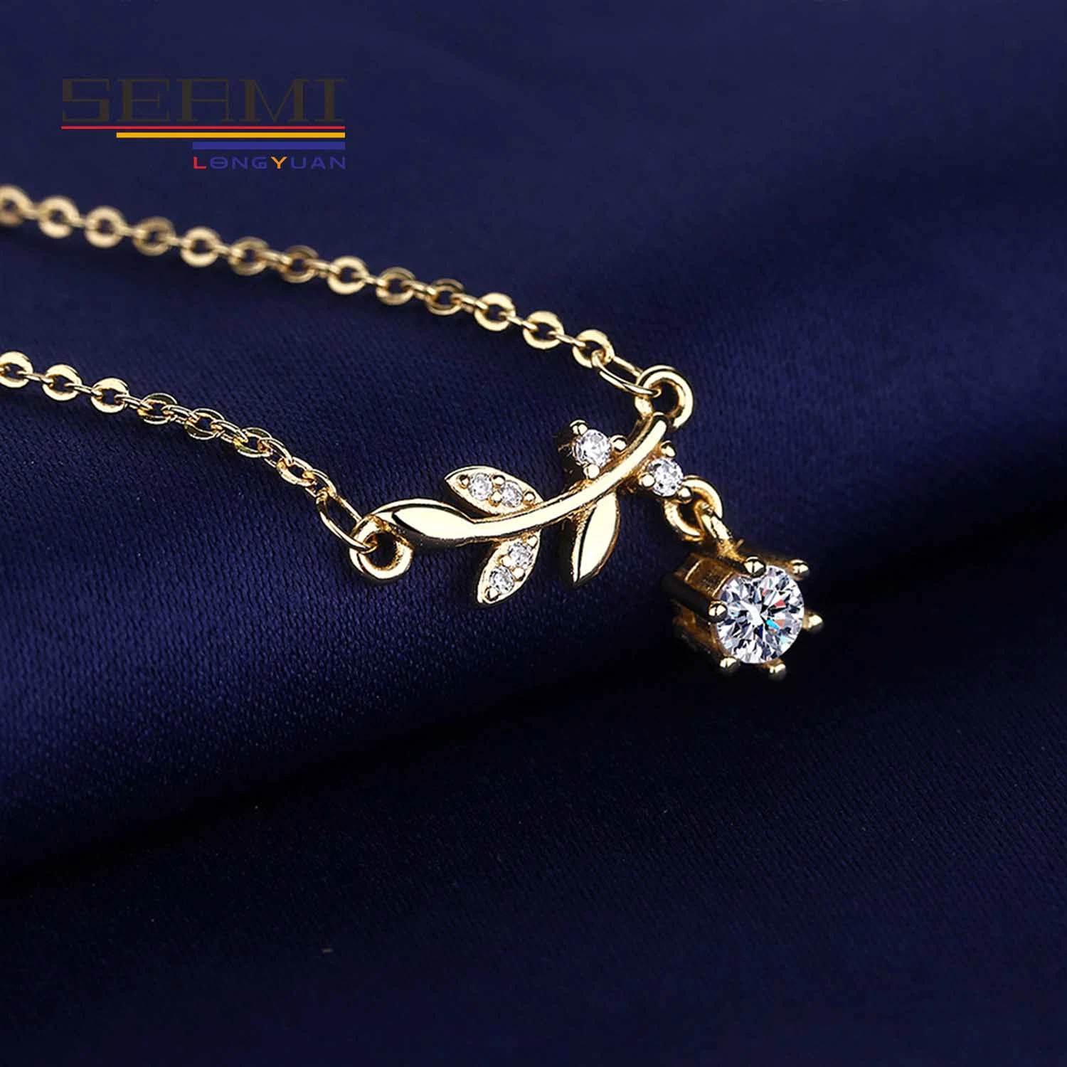 Floral Olive Leaf Gold Cross Chain Diamond Pendant Flower Necklace