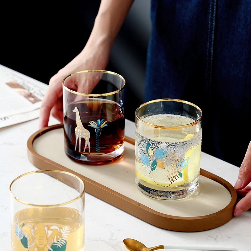 13.5oz Gift Promotion Golden Rimmed Animal Design Printing Decal Water Glass Cup Juice Tumbler with Gold Rim Handmade Glassware